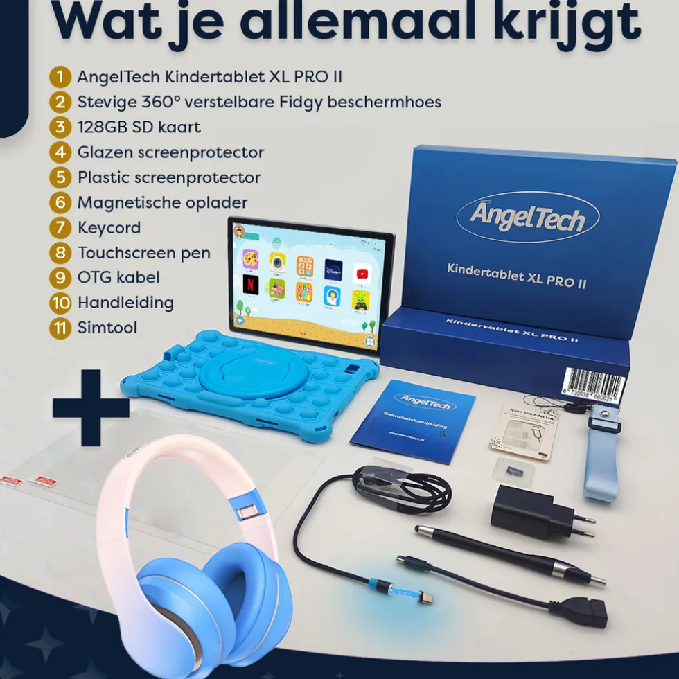 AngelTech Kinderpakket PRO II - Kindertablet + Kinderkoptelefoon