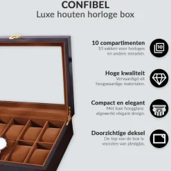 Confibel Horloge box voor uw juwelen en sieraden 10 compartimenten met kussentjes