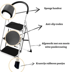 Rijoka Huishoudtrap Inklapbaar 3 Treden Anti Slip Treden Sponge Handgrepen