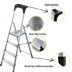 Rijoka Huishoudtrap Aluminium 4 treden Anti Slip Treden Opbergkapje