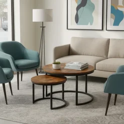 SensaHome Salontafel Set Antieke Ronde Houten Tafelset